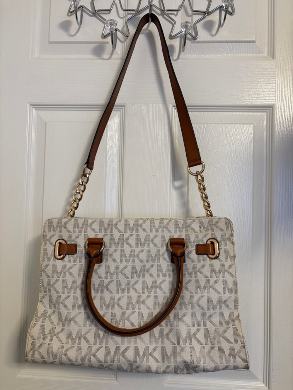 Michael Kors Vanilla MK Logo Shoulder Tote with Brown Trim - Picture 3 of 5